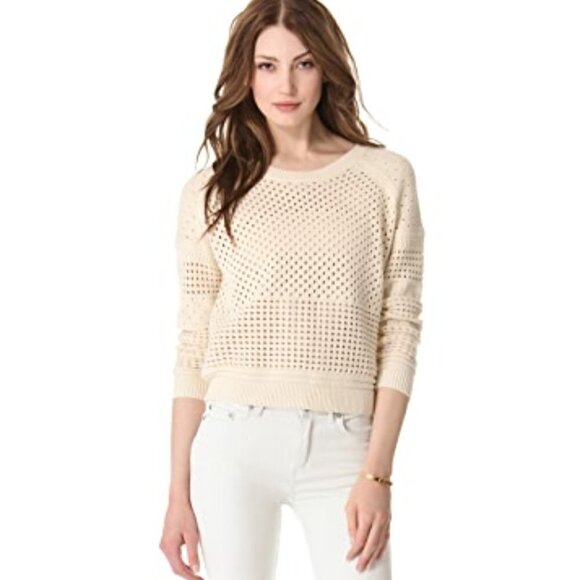 Halston Heritage Cream Open Knit Cropped Crew Neck Sweater - Picture 2 of 9